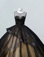 Black scoop lace applique tulle ball gown princess evening gown prom dress gold satin bridal party dress