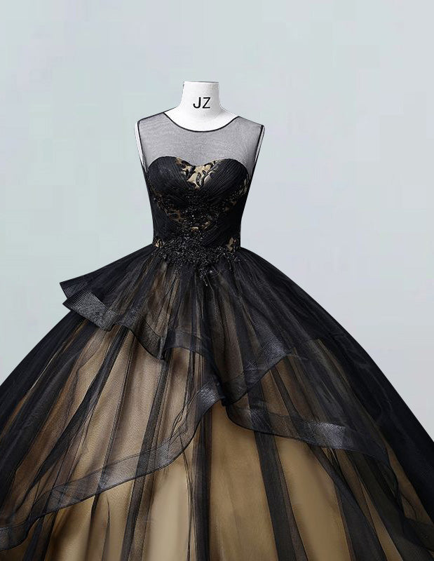 Black scoop lace applique tulle ball gown princess evening gown prom dress gold satin bridal party dress