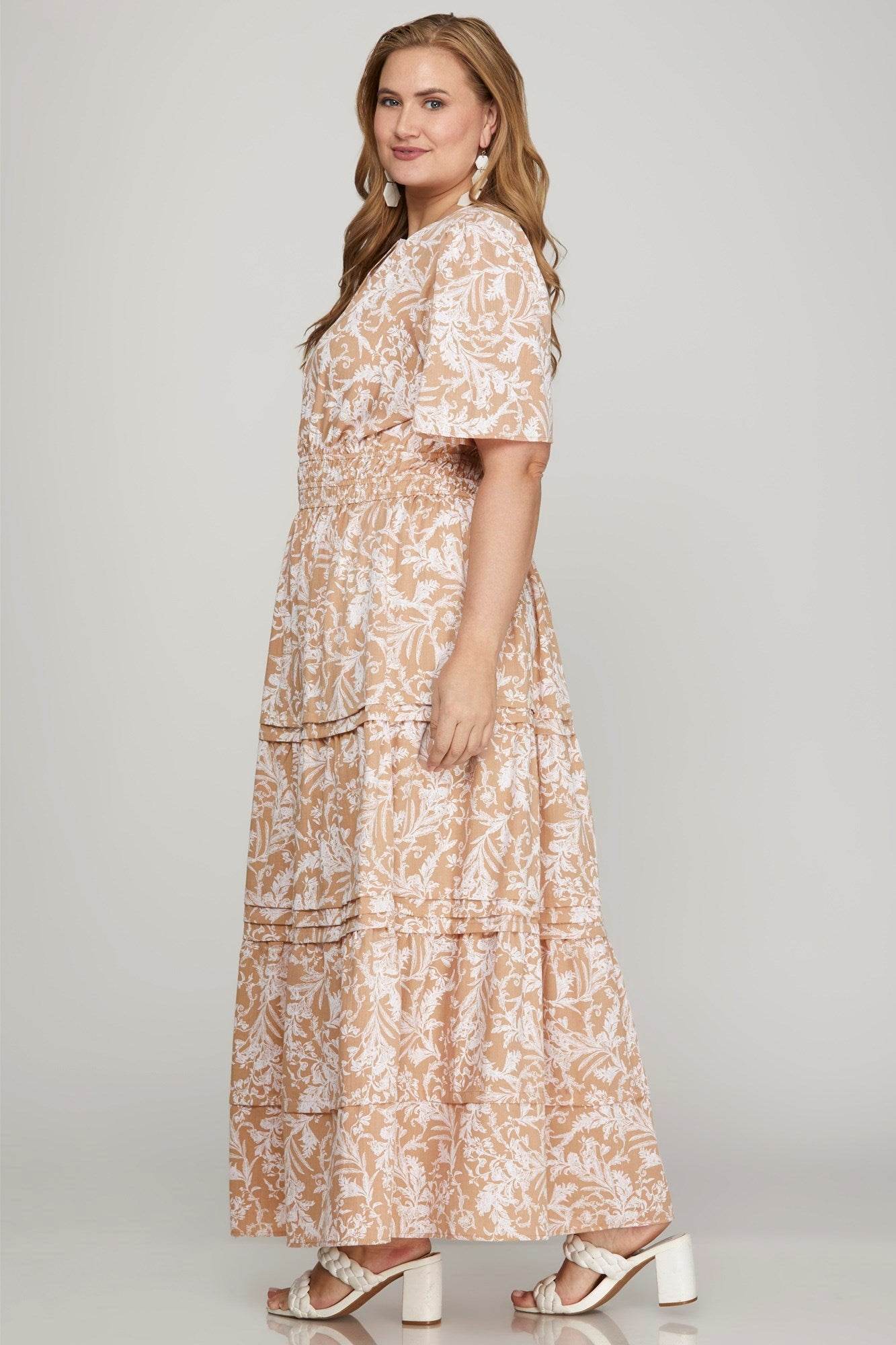 She + Sky Printed Notched Woven Tiered Pintuck Maxi Dress with Side Pockets - By Baano