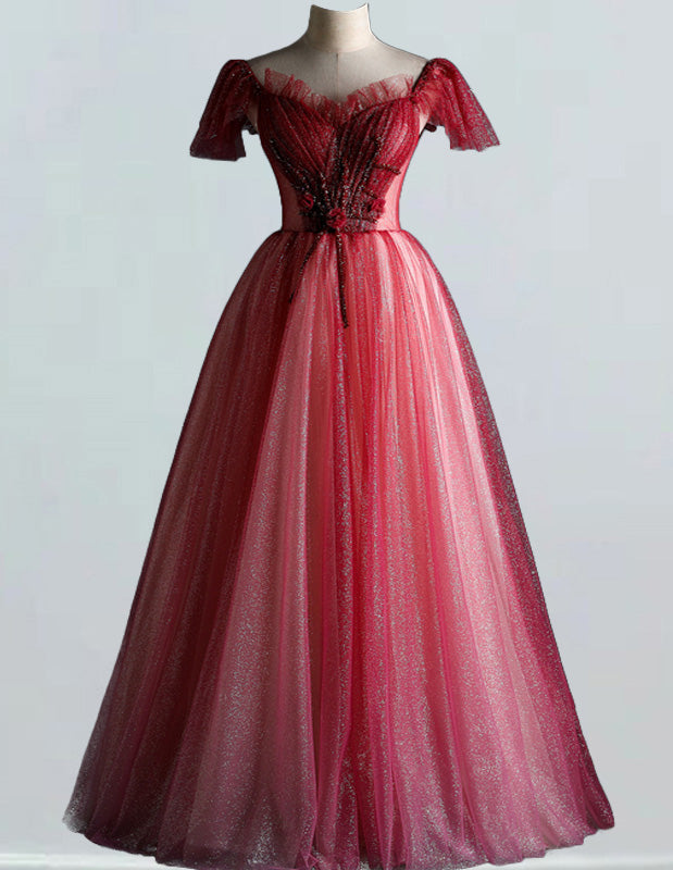 Elegant Red Cap Sleeve V-Neck Tulle Prom Dress with Beading