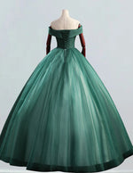 Elegant Green Tulle Off-Shoulder Ball Gown | Lace Applique Evening Dress