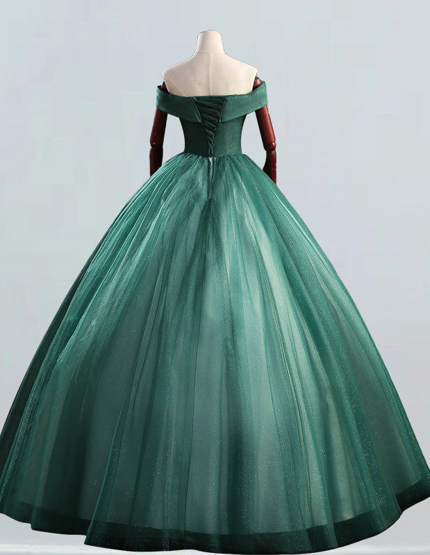 Elegant Green Tulle Off-Shoulder Ball Gown | Lace Applique Evening Dress