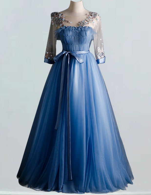 Elegant Blue Tulle Ball Gown | Scoop Neck Lace Applique | Long Prom & Bridal Dress
