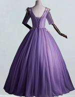 Elegant Purple V-Neck Tulle Prom Dress | Lace Applique Sleeves | Evening Gown