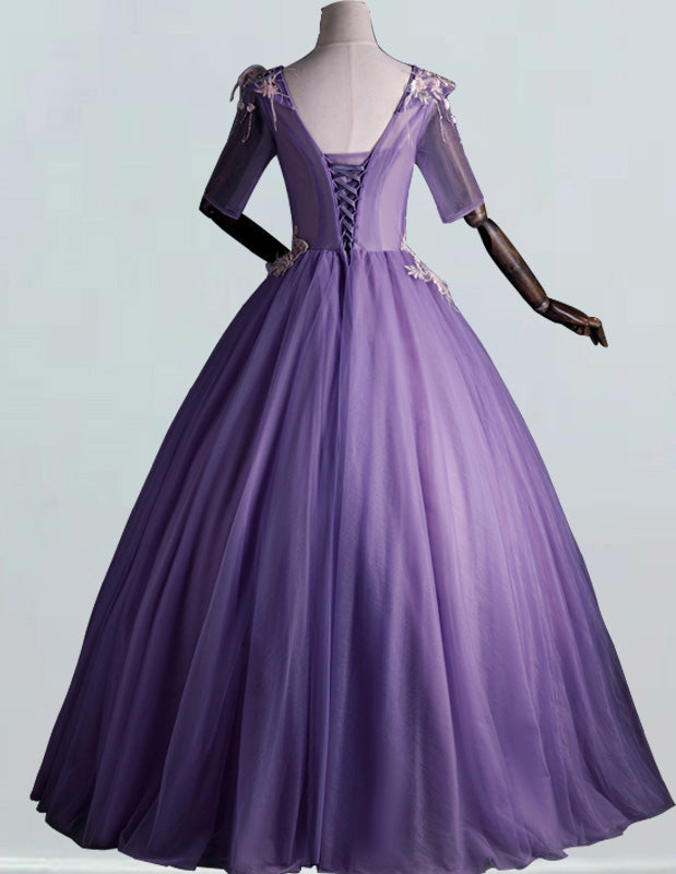 Elegant Purple V-Neck Tulle Prom Dress | Lace Applique Sleeves | Evening Gown