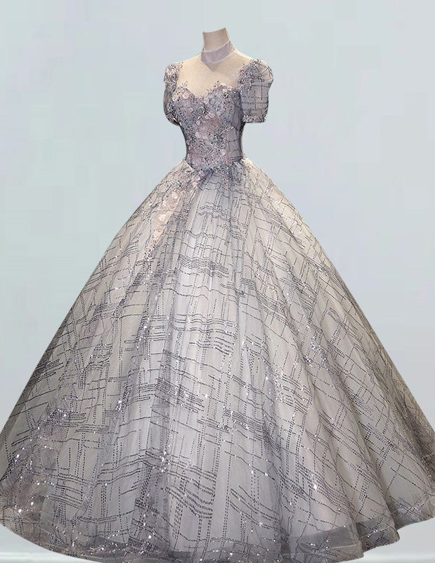 Elegant Grey Tulle Prom Dress with High Collar & Lace Applique | Girls' Formal Evening Gown