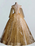 Gold sparkle long ball gown,Lace applique Bridal wedding gown