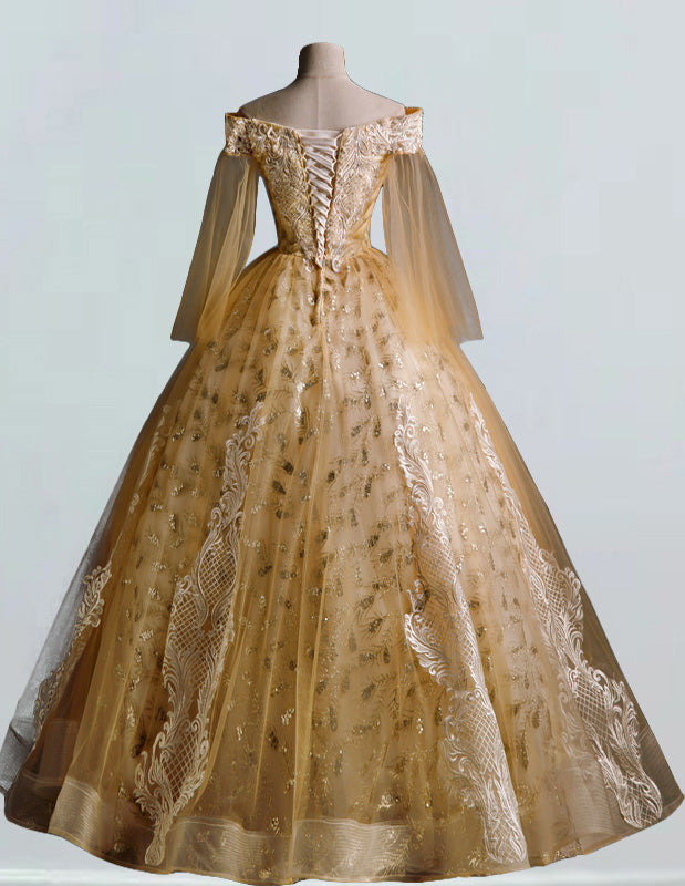 Gold sparkle long ball gown,Lace applique Bridal wedding gown