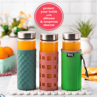 Skinny Series Wide Mouth Glass Bottles Set w/ Stainless Steel Lids, 16 oz