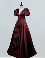 Burgundy v neck satin prom gown long evening dress bridal gown