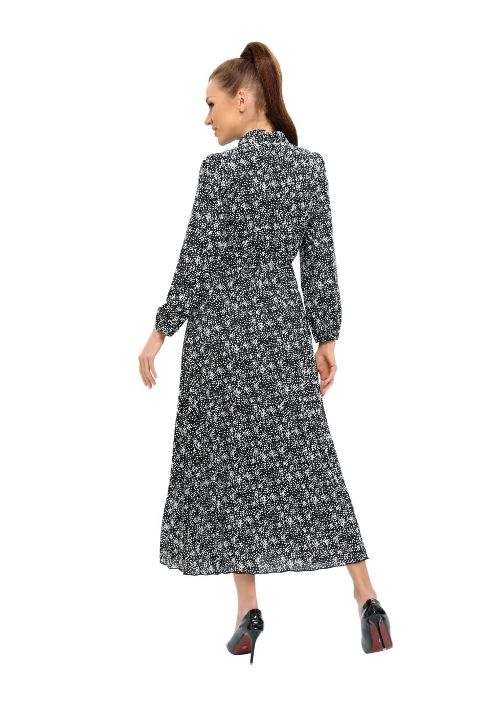 Floral Microprint Long Sleeve Midi Dress
