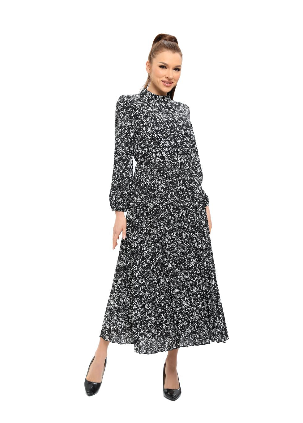 Floral Microprint Long Sleeve Midi Dress