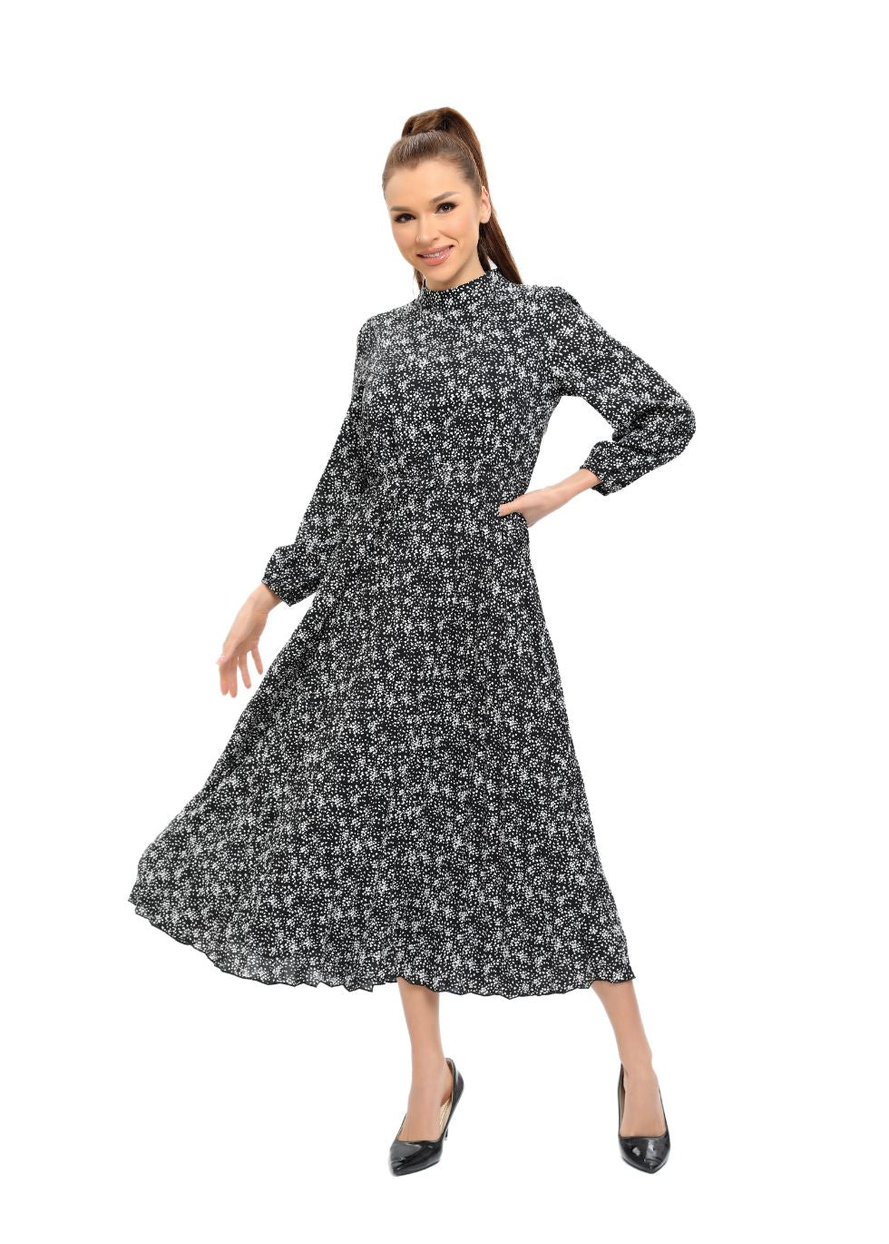 Floral Microprint Long Sleeve Midi Dress