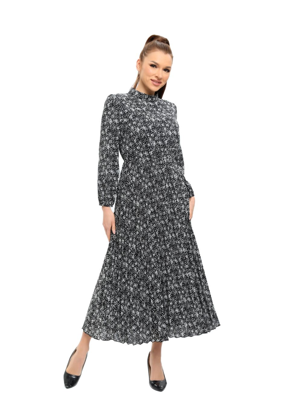 Floral Microprint Long Sleeve Midi Dress