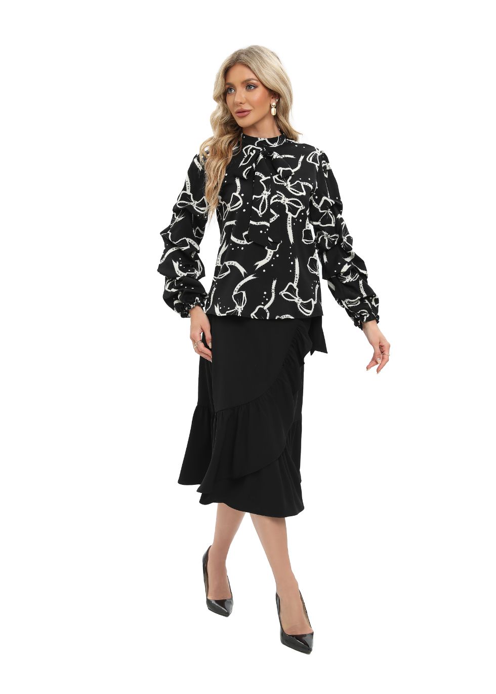 Black Tiered Long Sleeve Blouse with Front Tie