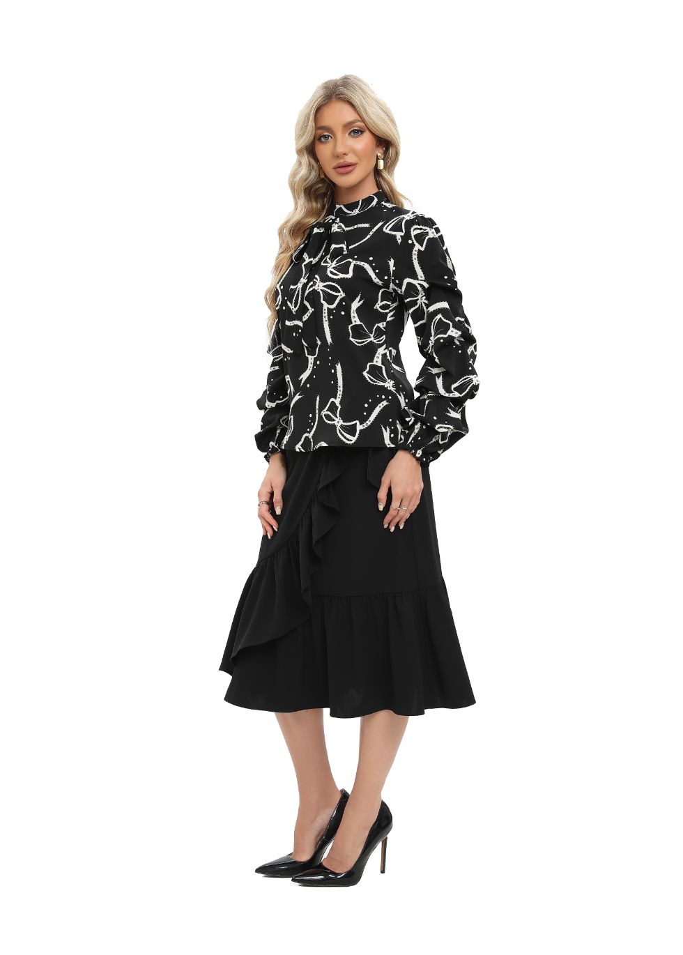 Black Tiered Long Sleeve Blouse with Front Tie