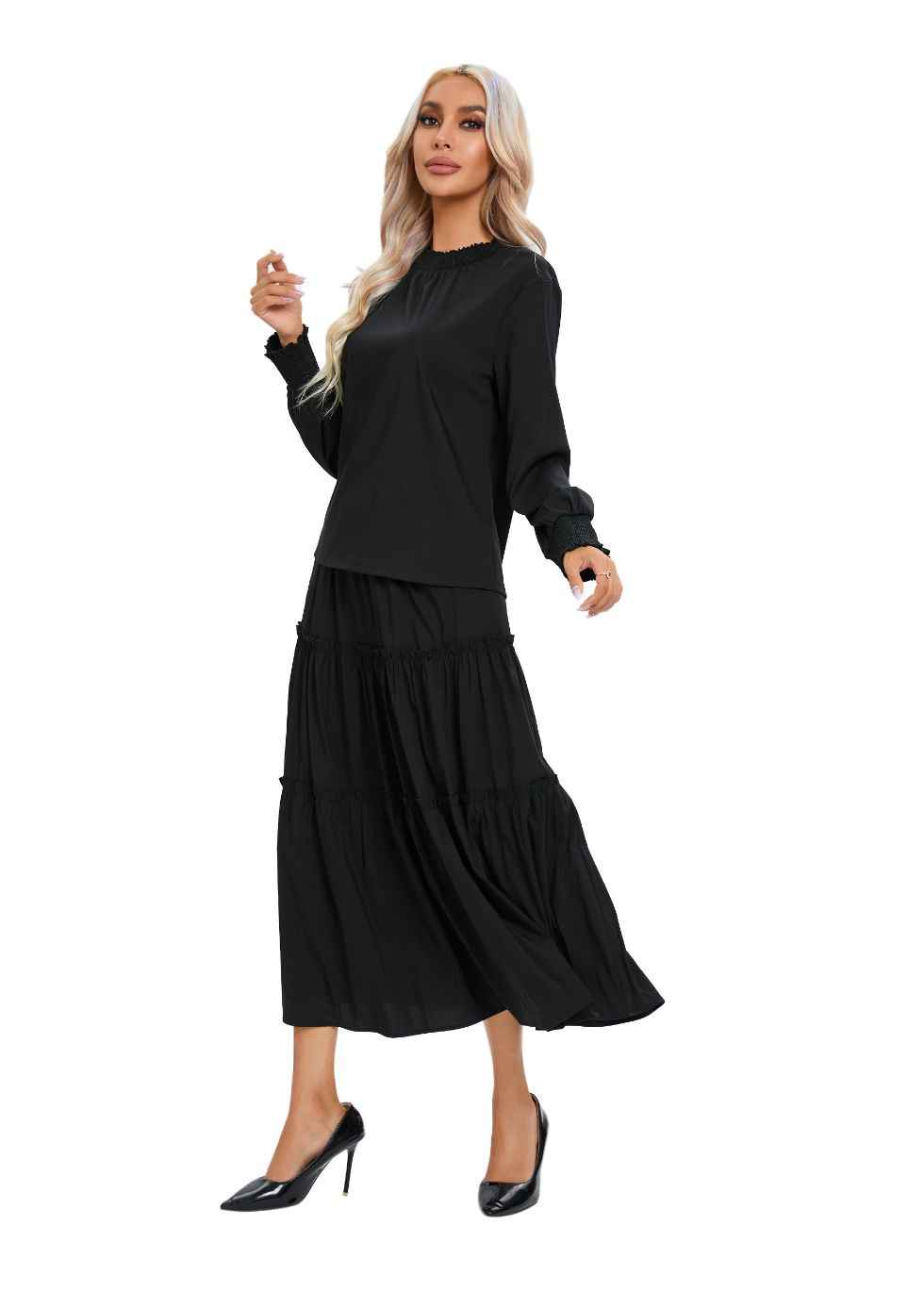 Black Tiered Midi Dress Outfit Set