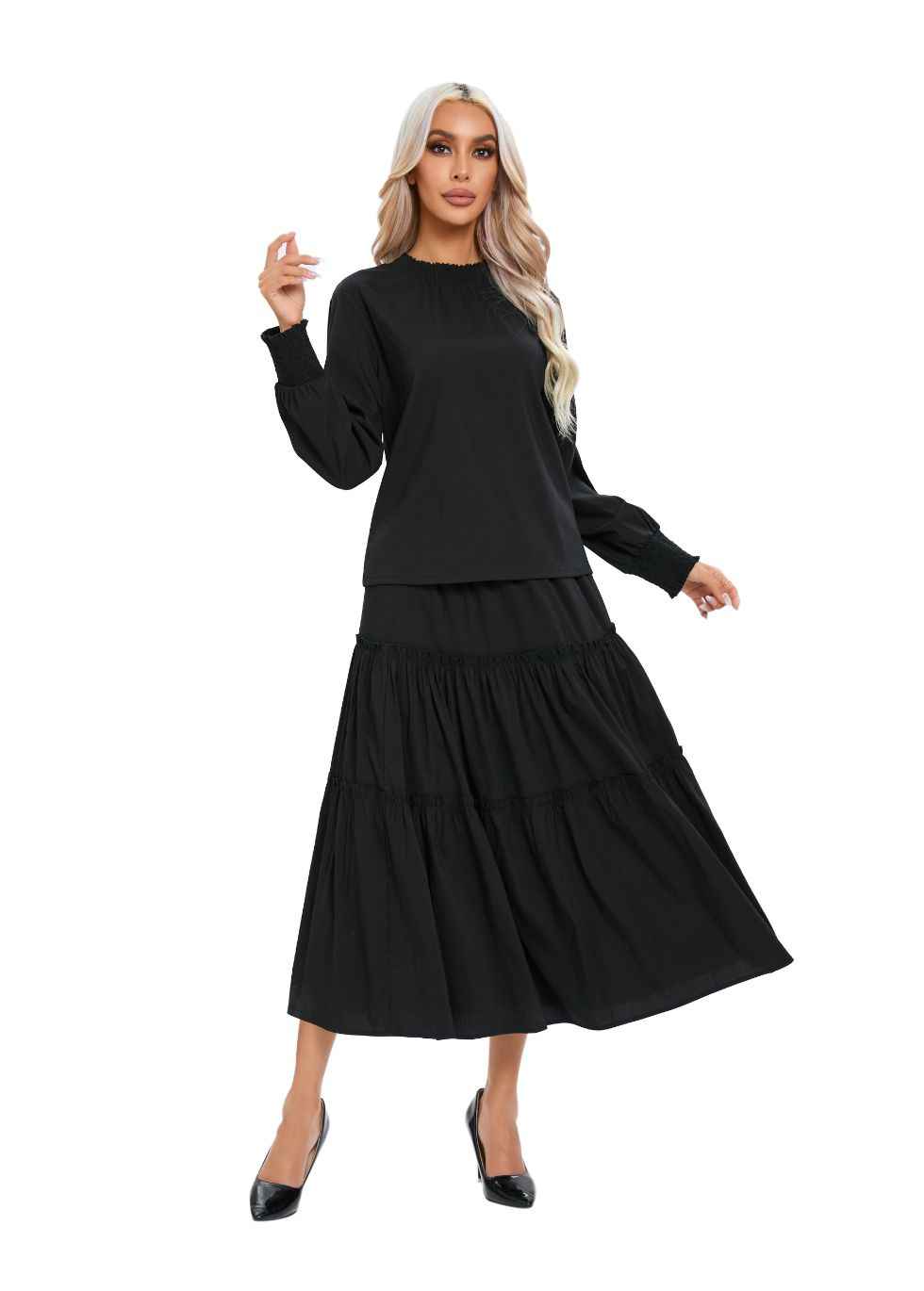 Black Tiered Midi Dress Outfit Set