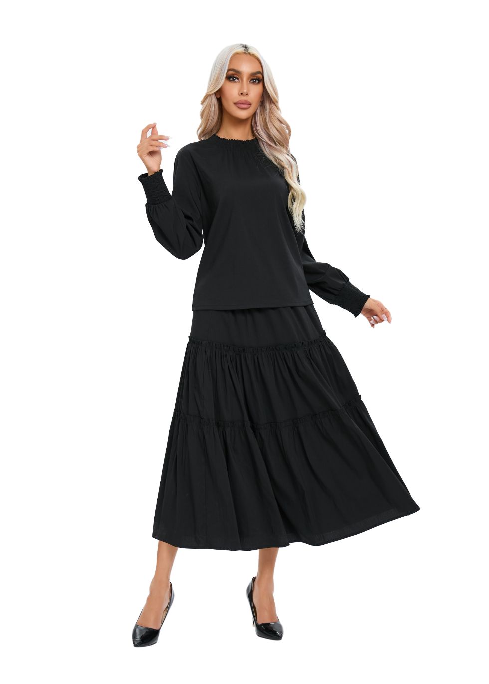 Black Tiered Midi Dress Outfit Set