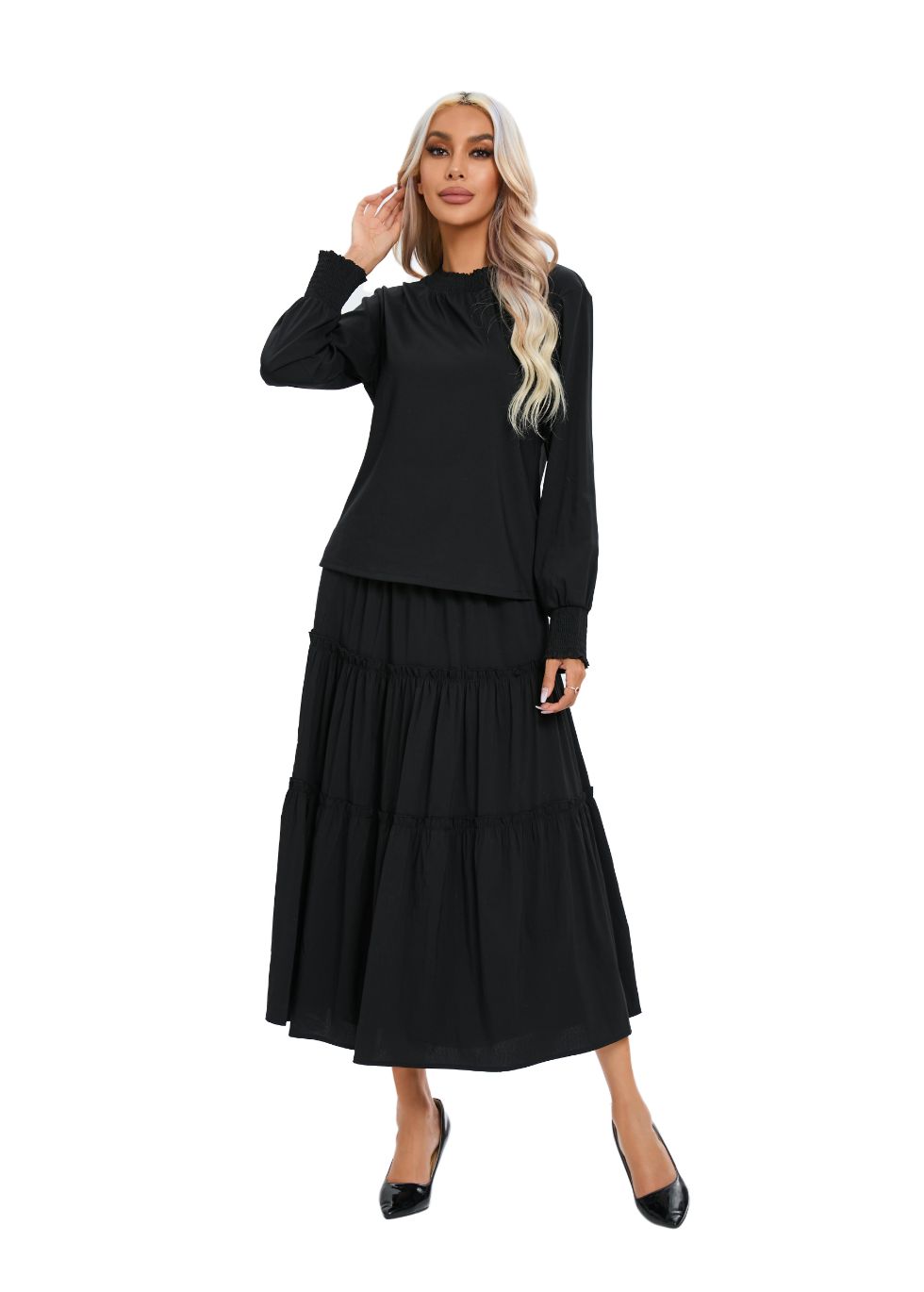 Black Tiered Midi Dress Outfit Set