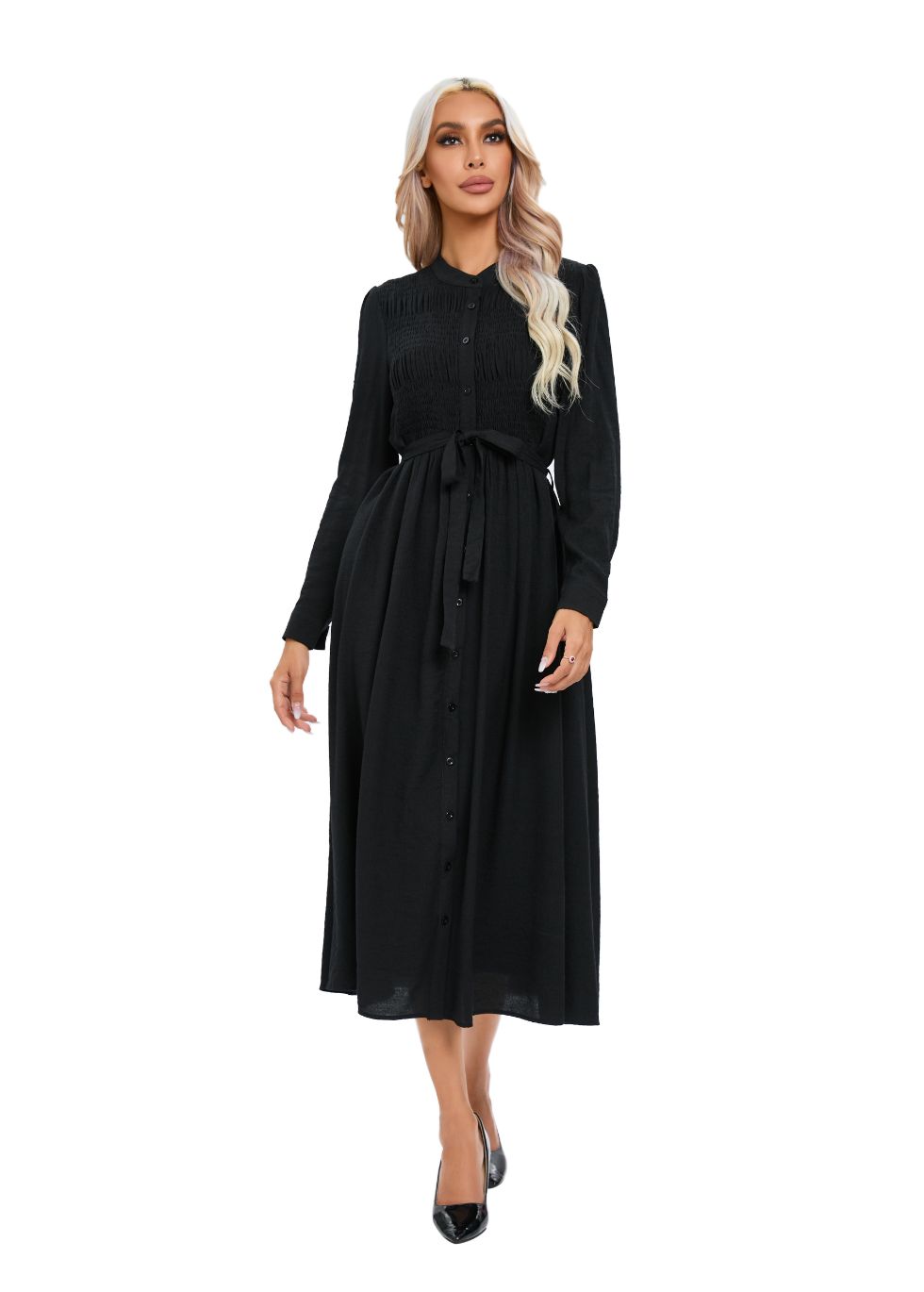 Mock Button Self Tie Midi Dress