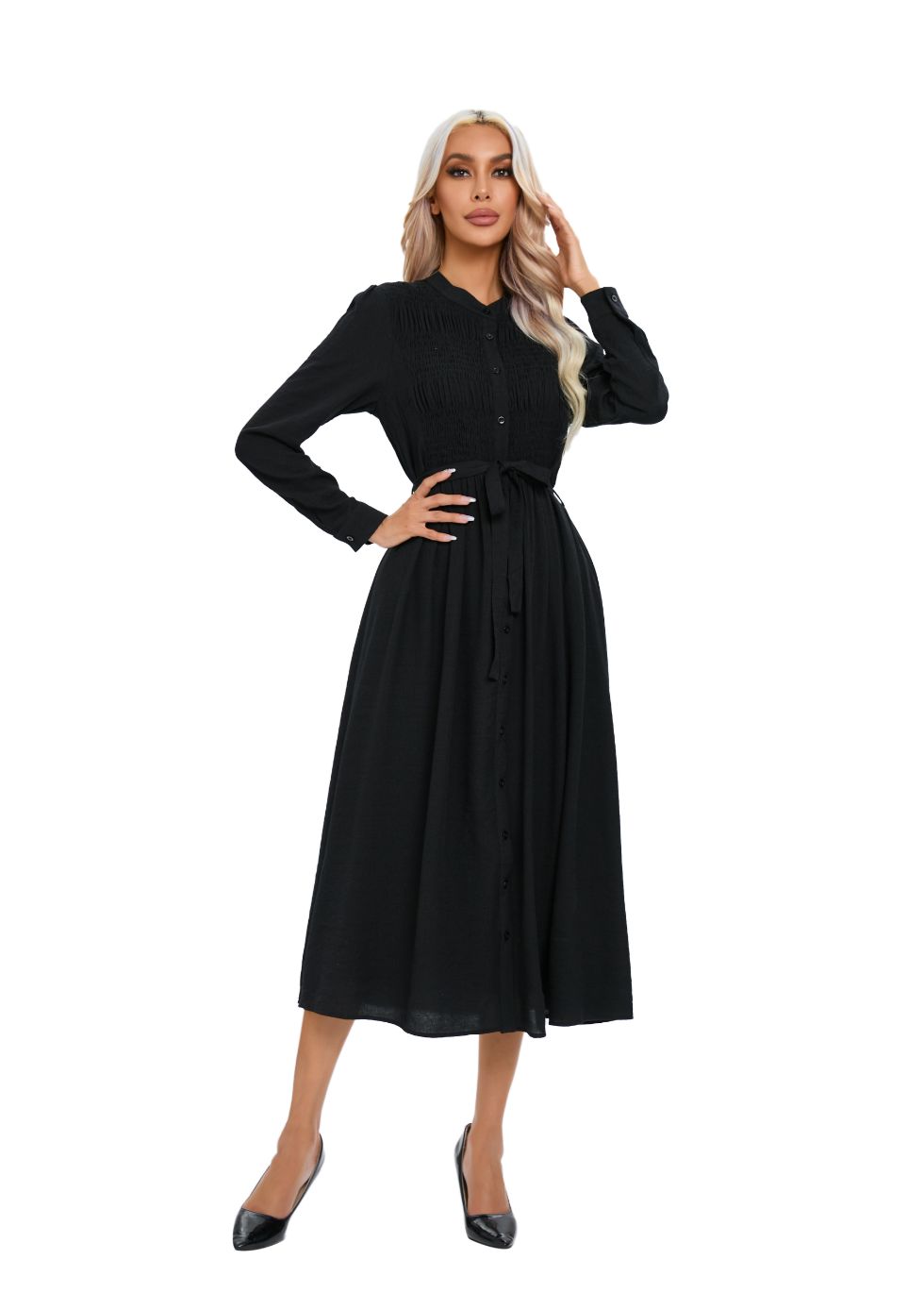 Mock Button Self Tie Midi Dress