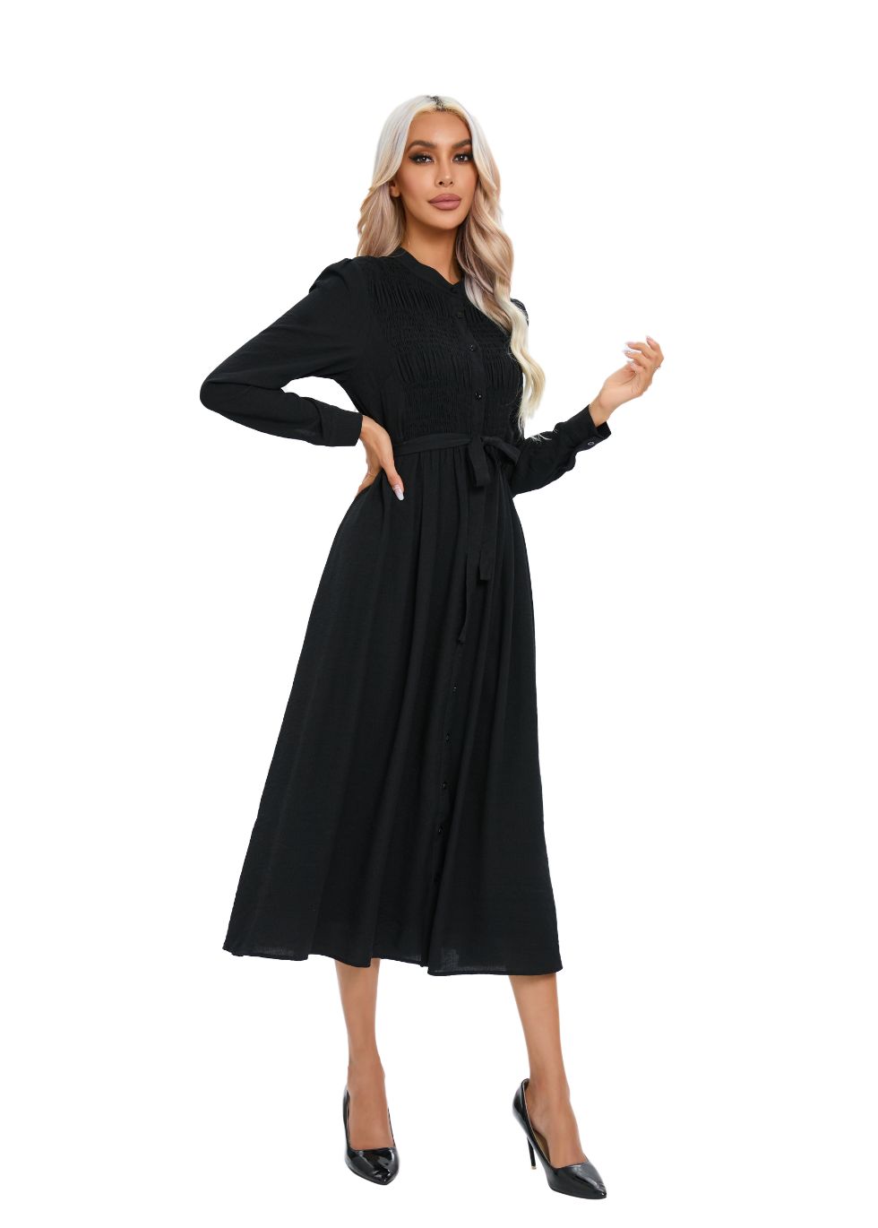 Mock Button Self Tie Midi Dress