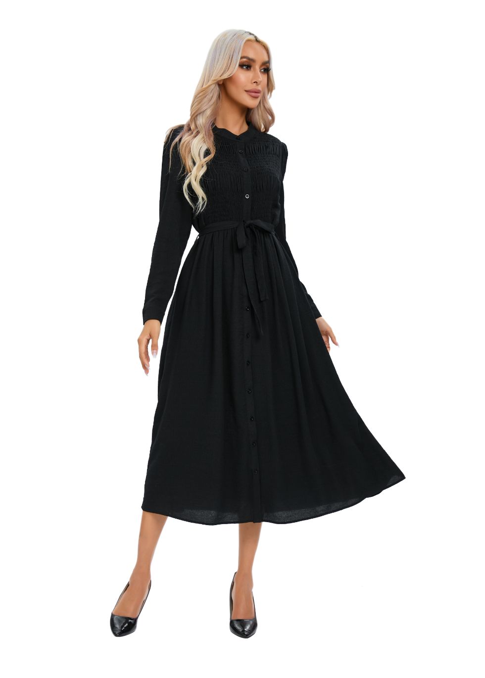 Mock Button Self Tie Midi Dress