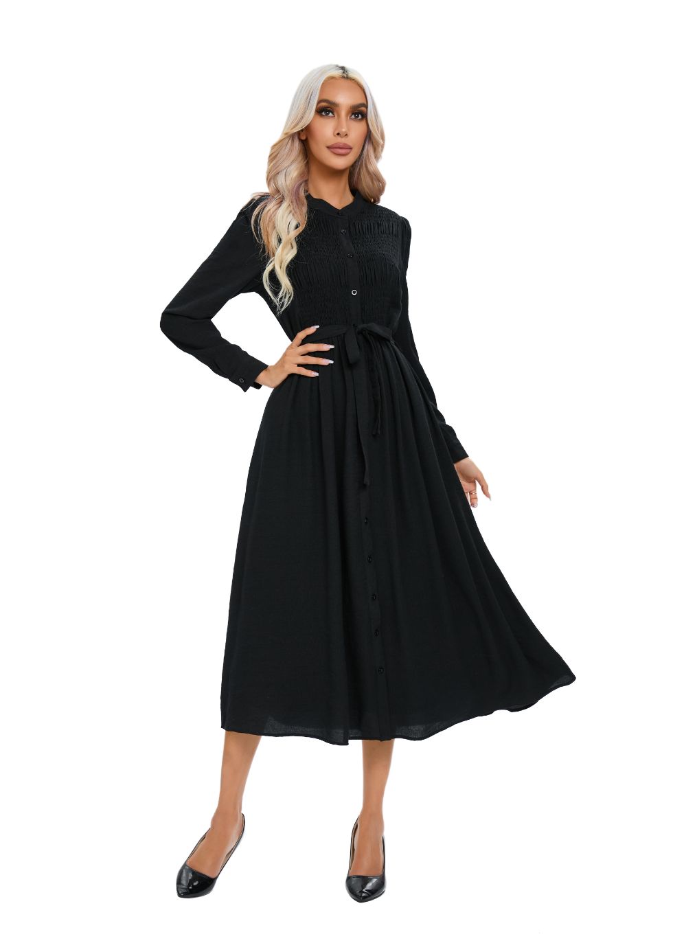Mock Button Self Tie Midi Dress