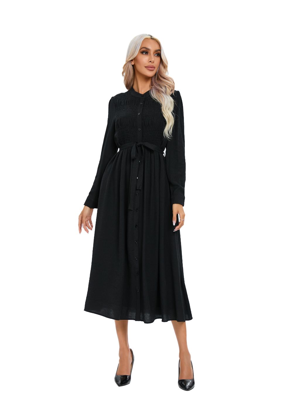 Mock Button Self Tie Midi Dress
