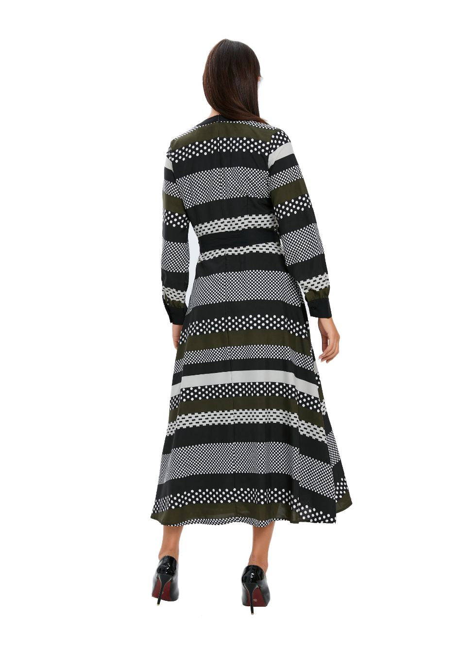 Striped Long Sleeve Midi Dress with Cuffed Sleeves