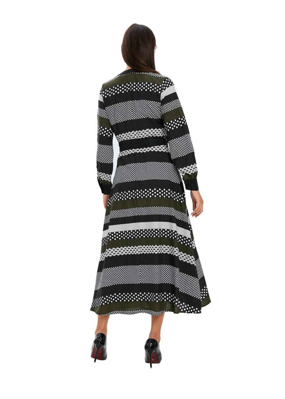 Striped Long Sleeve Midi Dress with Cuffed Sleeves