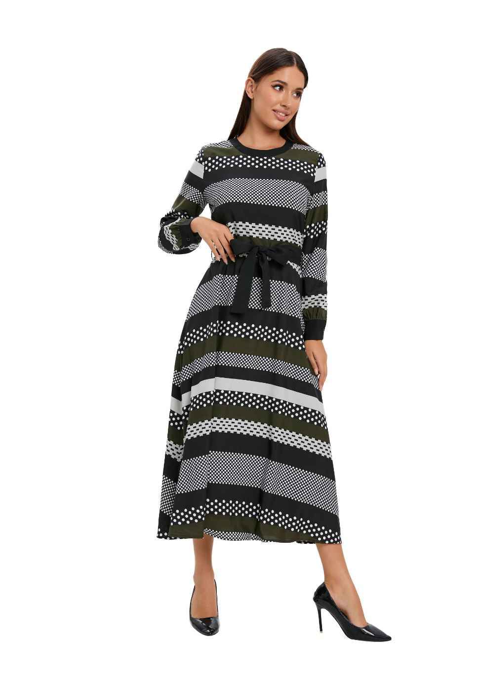 Striped Long Sleeve Midi Dress with Cuffed Sleeves