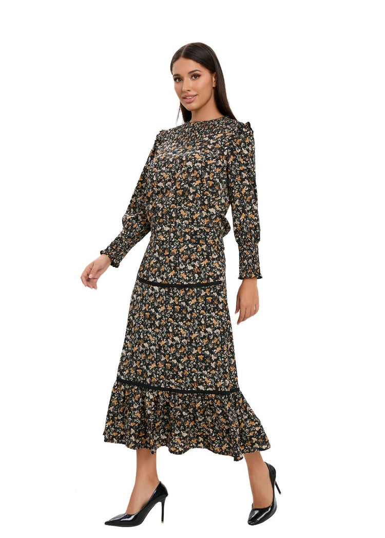 Floral Print Two Piece Midi Dress Set