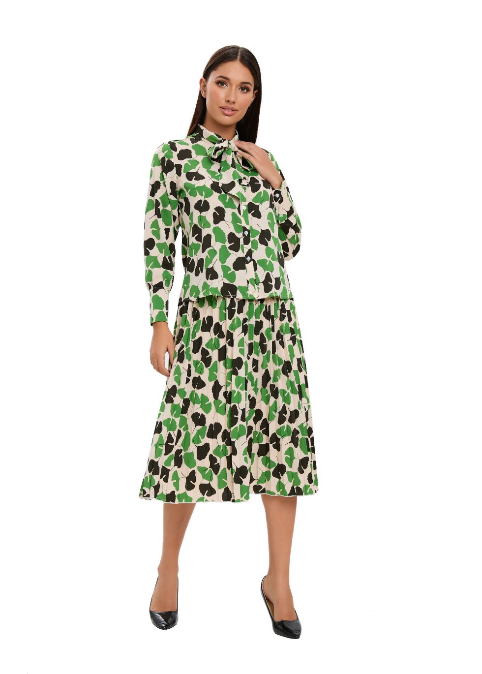 Long Sleeve Spring Print Two Piece Midi Dress Set