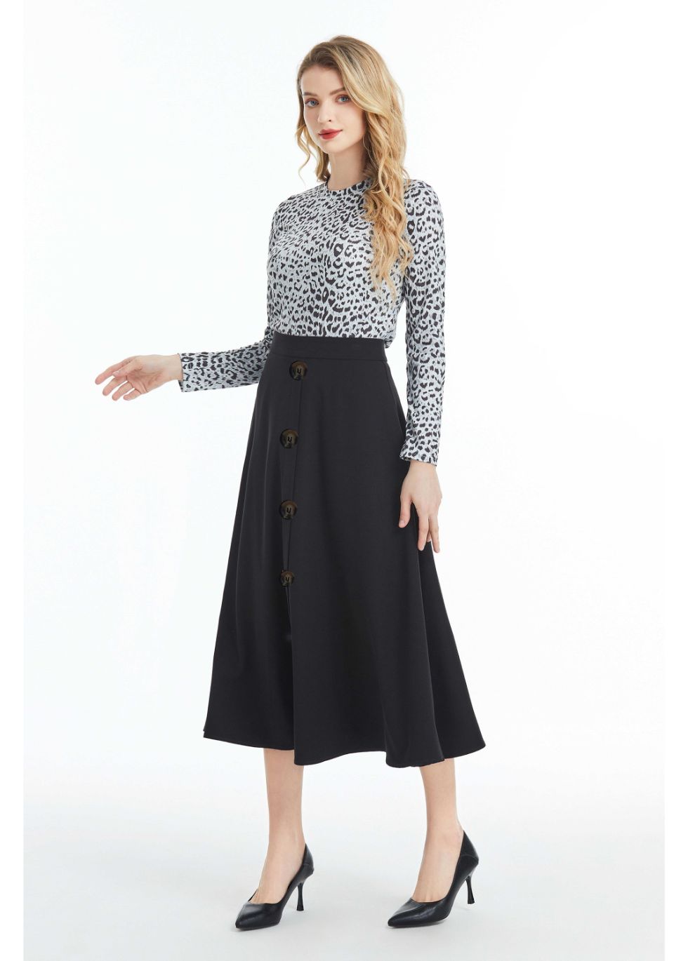 Fully Lined Black Midi Skirt with Front Button Detail
