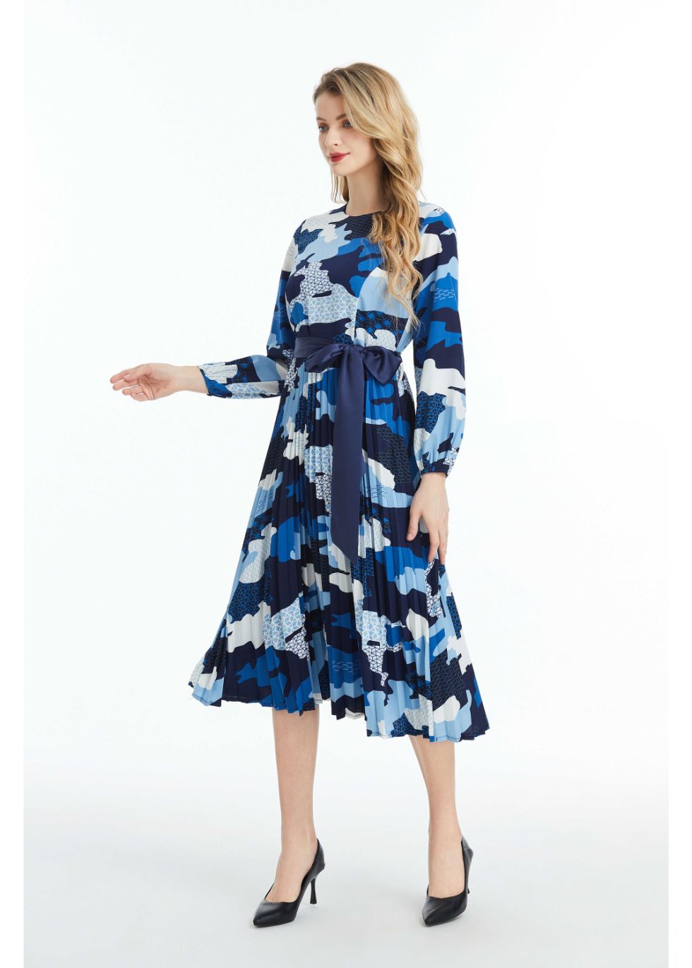 Long Sleeved Belted Colorful Print Midi Dress
