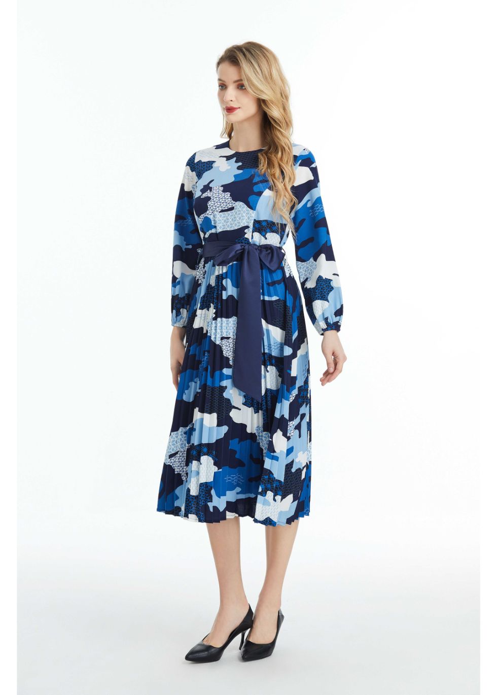 Long Sleeved Belted Colorful Print Midi Dress
