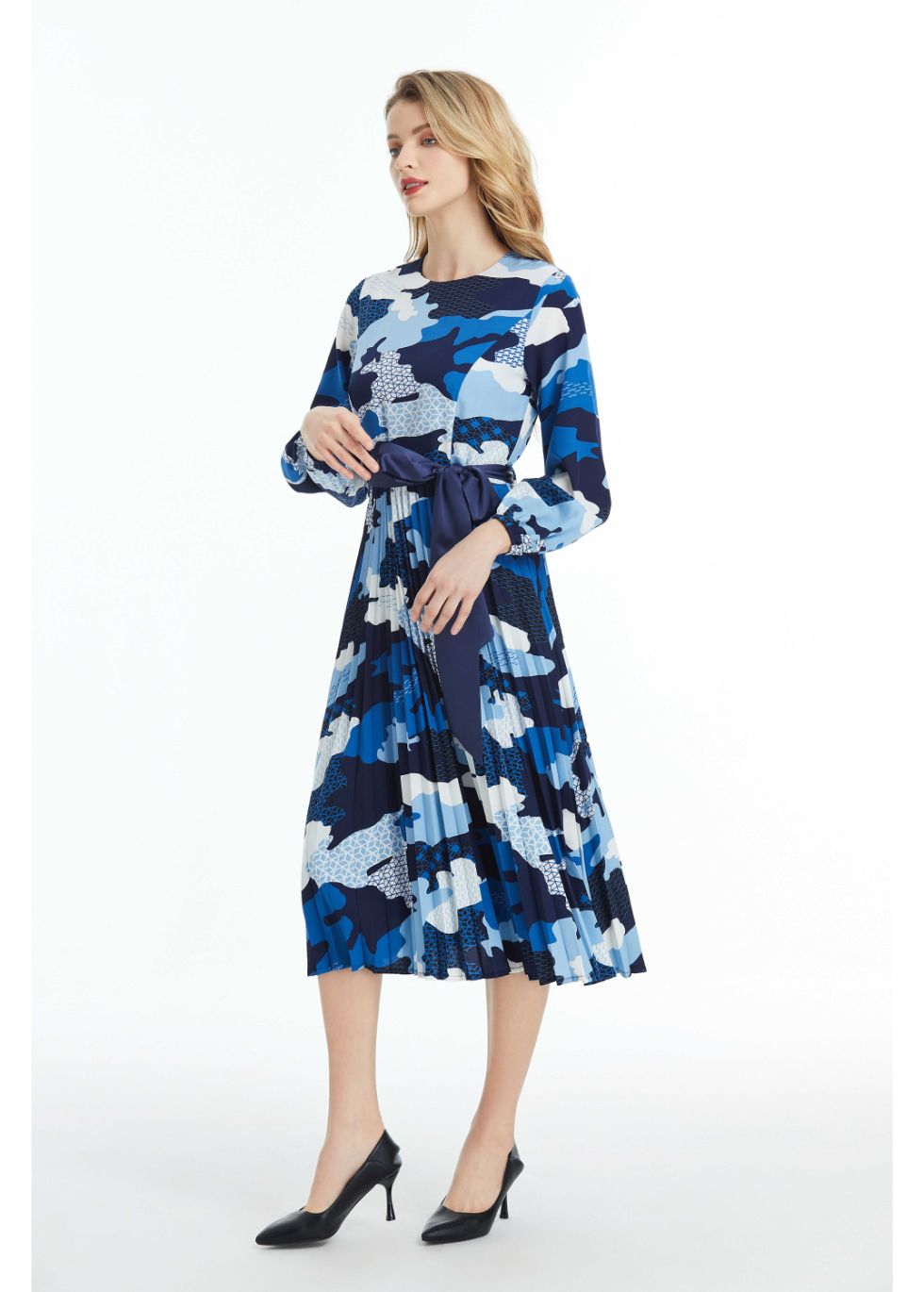 Long Sleeved Belted Colorful Print Midi Dress
