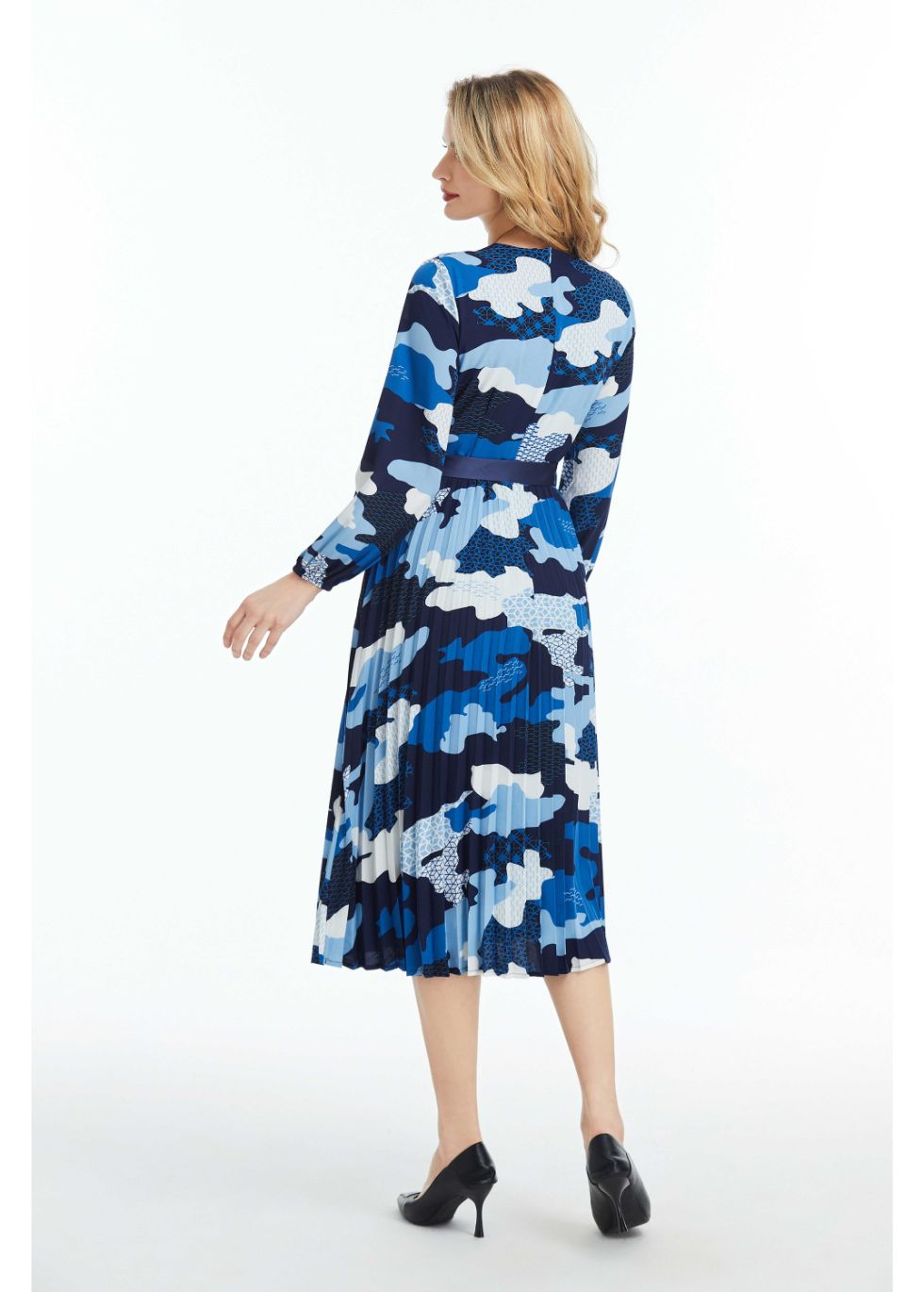 Long Sleeved Belted Colorful Print Midi Dress