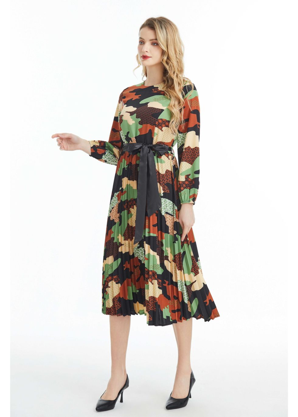 Long Sleeved Belted Colorful Print Midi Dress