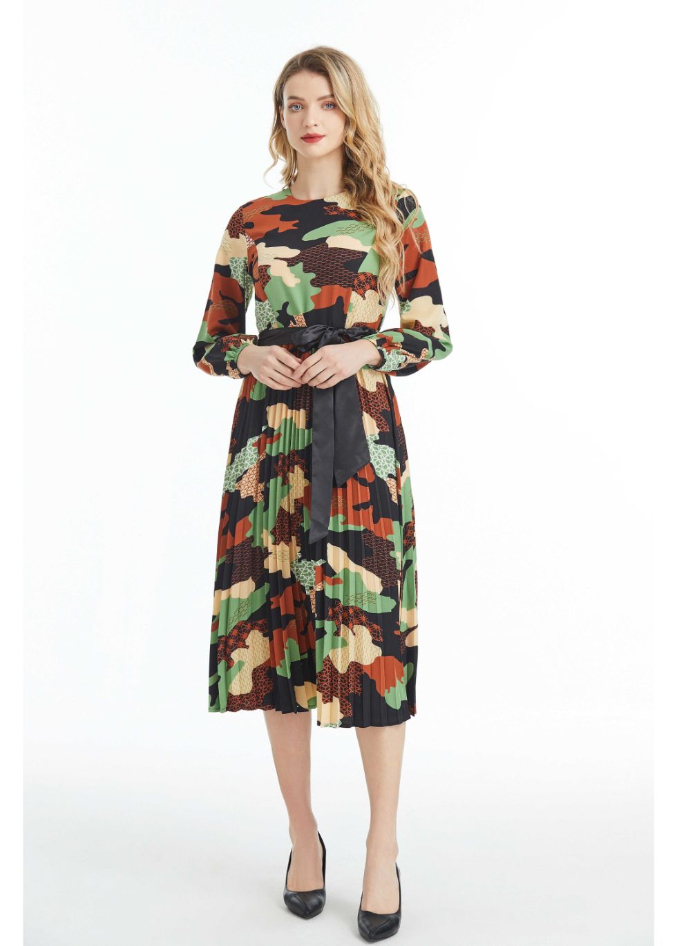Long Sleeved Belted Colorful Print Midi Dress - By Baano