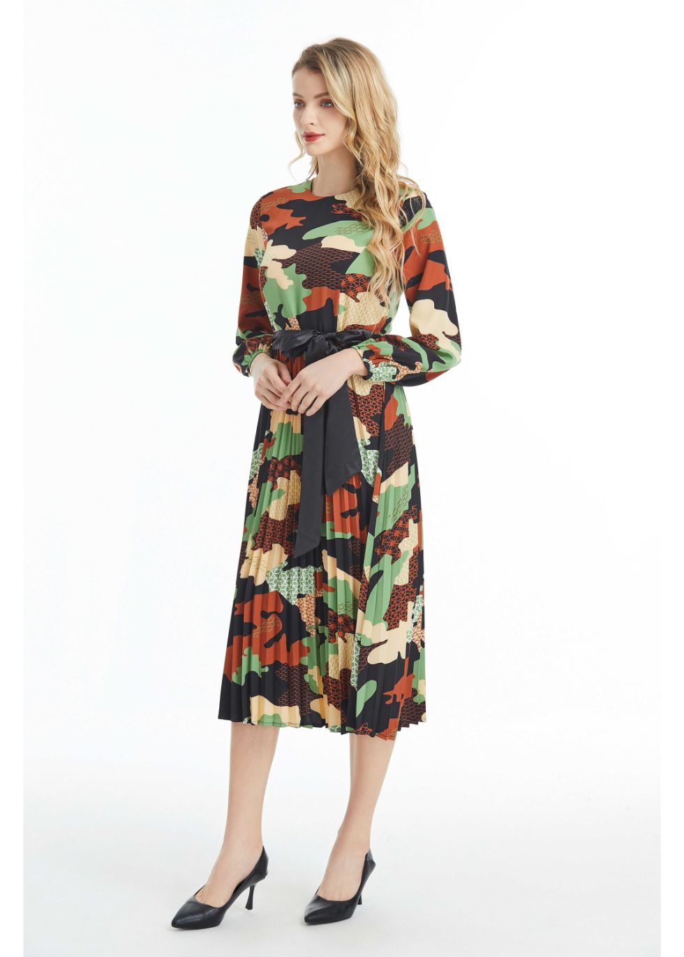 Long Sleeved Belted Colorful Print Midi Dress - By Baano