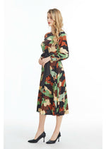 Long Sleeved Belted Colorful Print Midi Dress