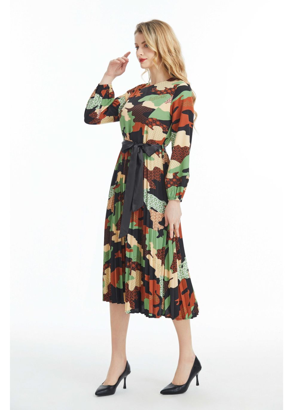 Long Sleeved Belted Colorful Print Midi Dress - By Baano