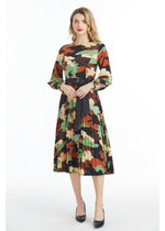 Long Sleeved Belted Colorful Print Midi Dress