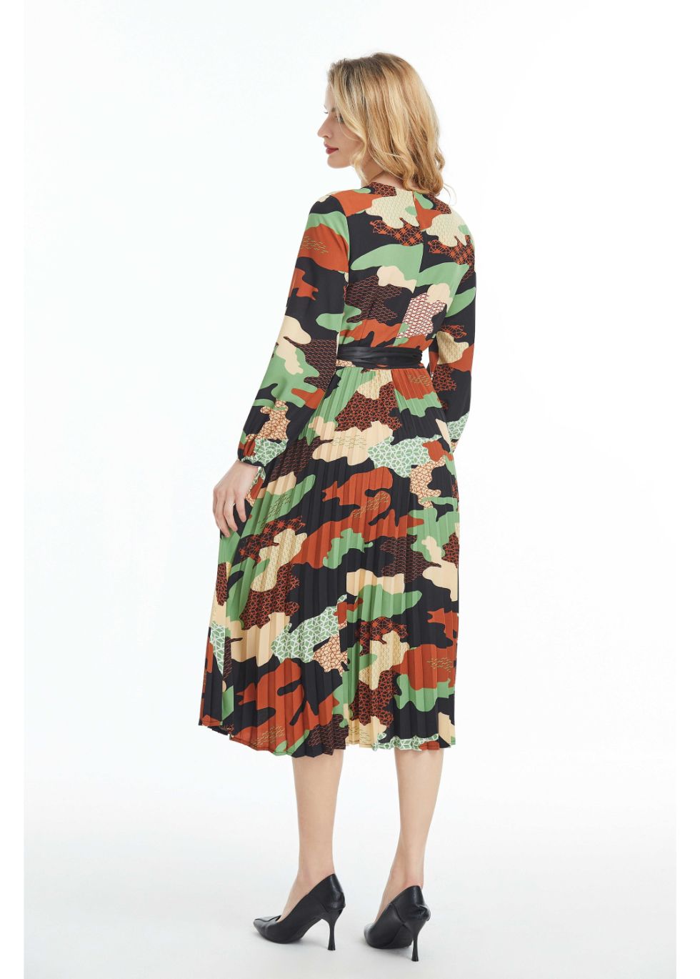 Long Sleeved Belted Colorful Print Midi Dress