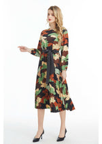 Long Sleeved Belted Colorful Print Midi Dress - By Baano
