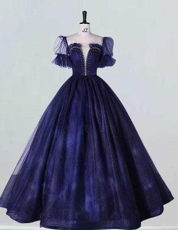 Navy Tulle Beaded Ball Gown with Sleeves - Elegant Prom & Evening Dress