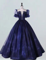 Navy Tulle Beaded Ball Gown with Sleeves - Elegant Prom & Evening Dress